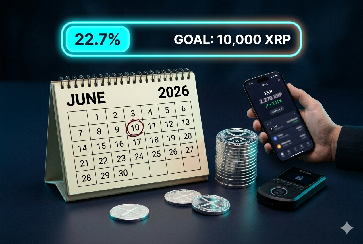 acumulaci&oacute;n XRP 2026 reporte junio: 2,269 XRP acumulados de meta 10,000 (22.7%) — estrategia DCA mensual Puerto Rico