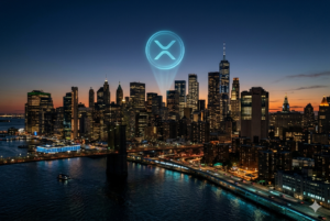 ETF de XRP de BlackRock: skyline de Wall Street con símbolo de XRP, ilustrando el rumor institucional de 2026