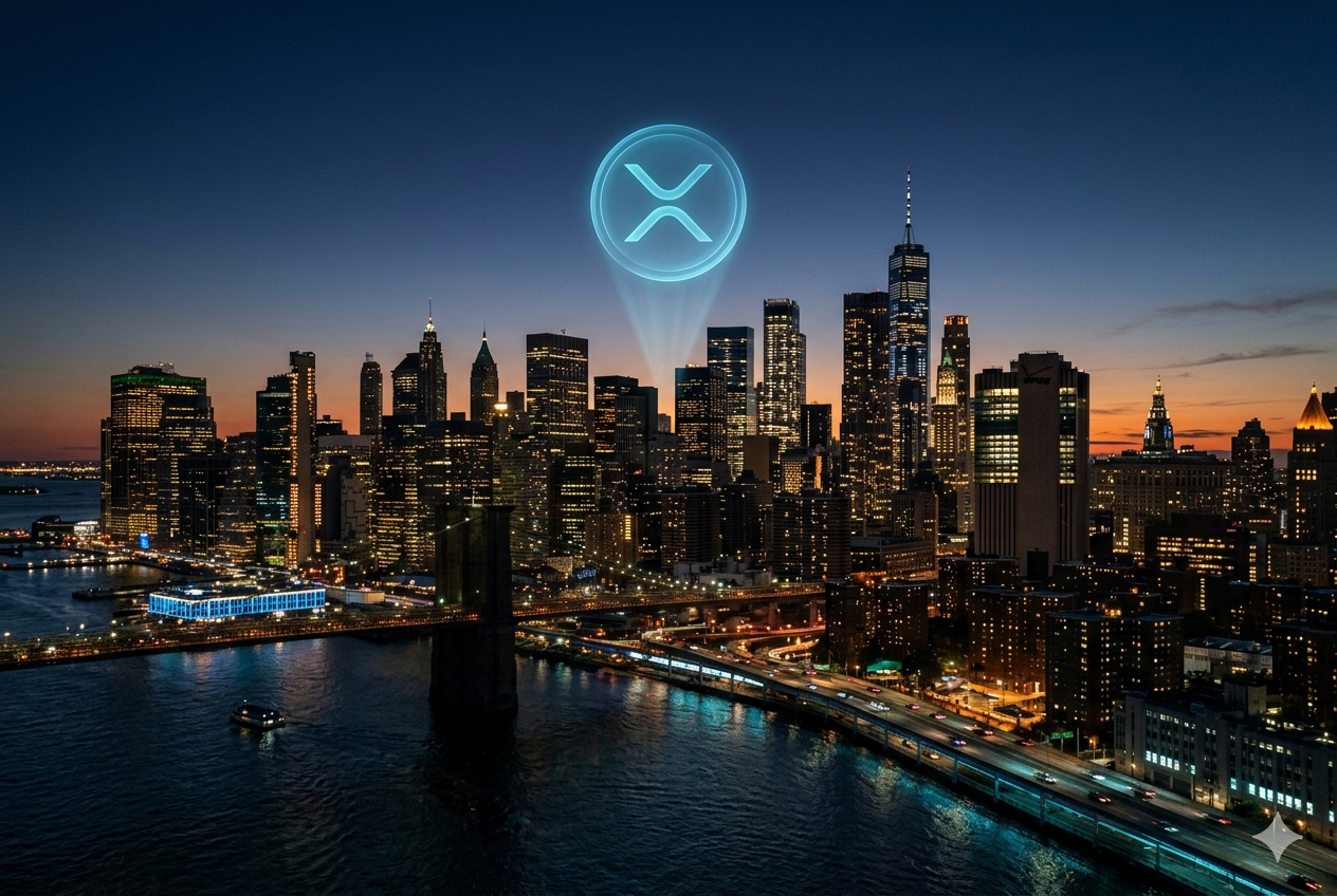 BlackRock XRP ETF: skyline de Wall Street con simbolo de XRP en 2026