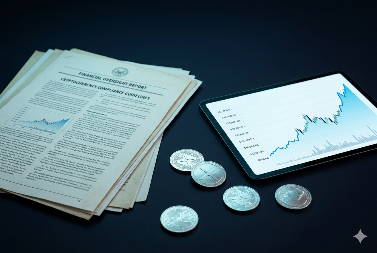 Documentos regulatorios y gráficos de precio de XRP en un escritorio de analista financiero