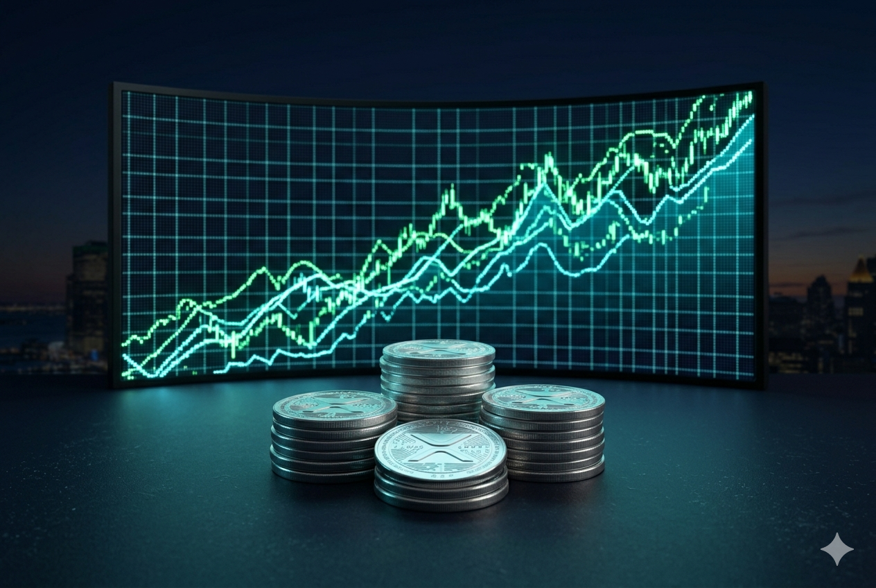 Pantalla de bolsa mostrando el ticker de varios ETFs de XRP junto a monedas XRP